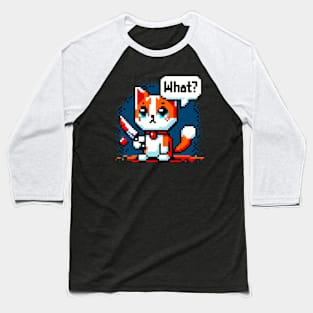 Pixelated Mischievous Cat with Knife - Quirky Pixel Art Humor Baseball T-Shirt